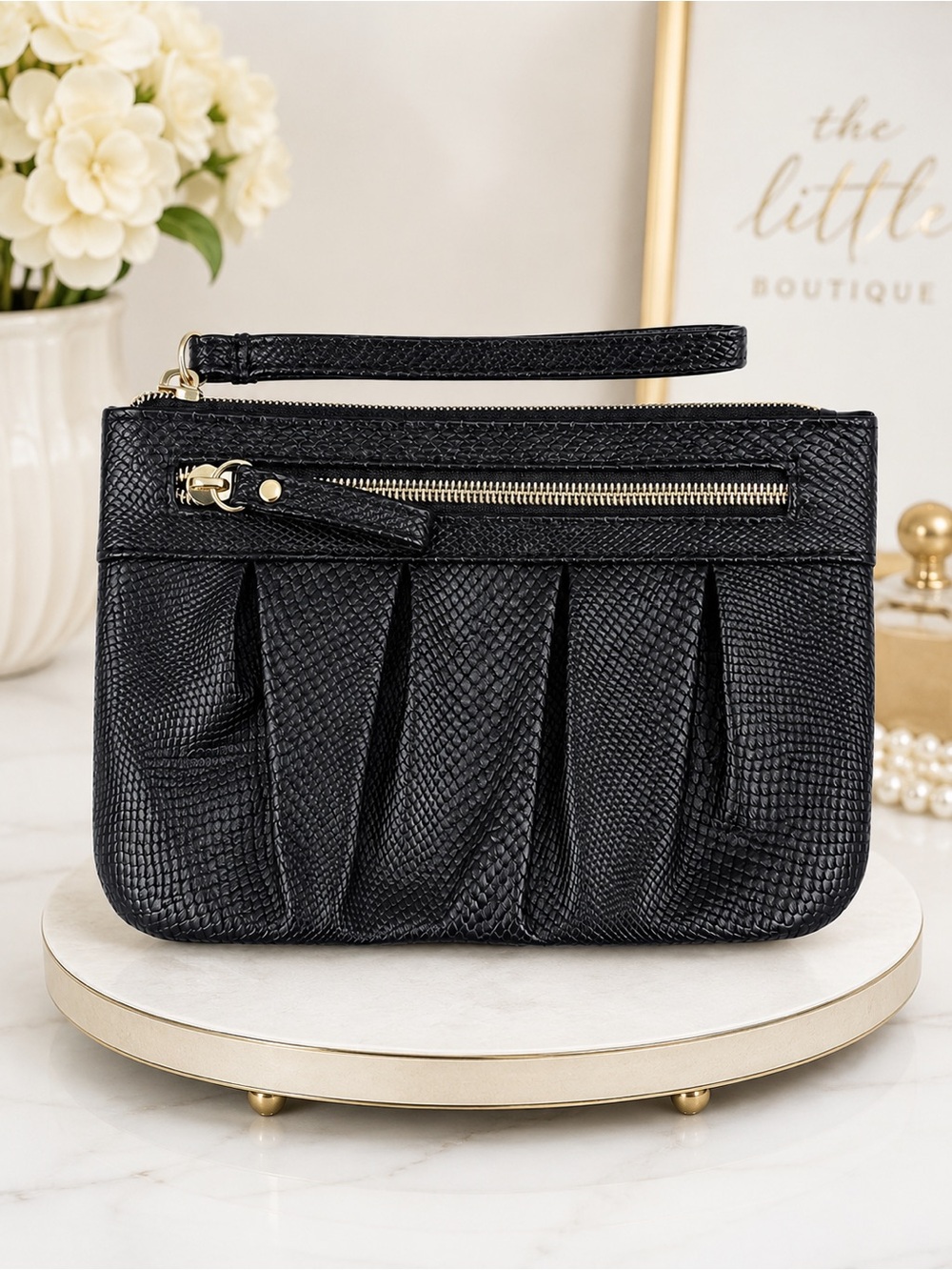 Black Textured Wristlet Clutch Wallet | Gold Hardware | Like New